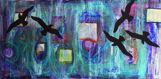 Abstract painting with black bird silhouettes over turquoise dripping background