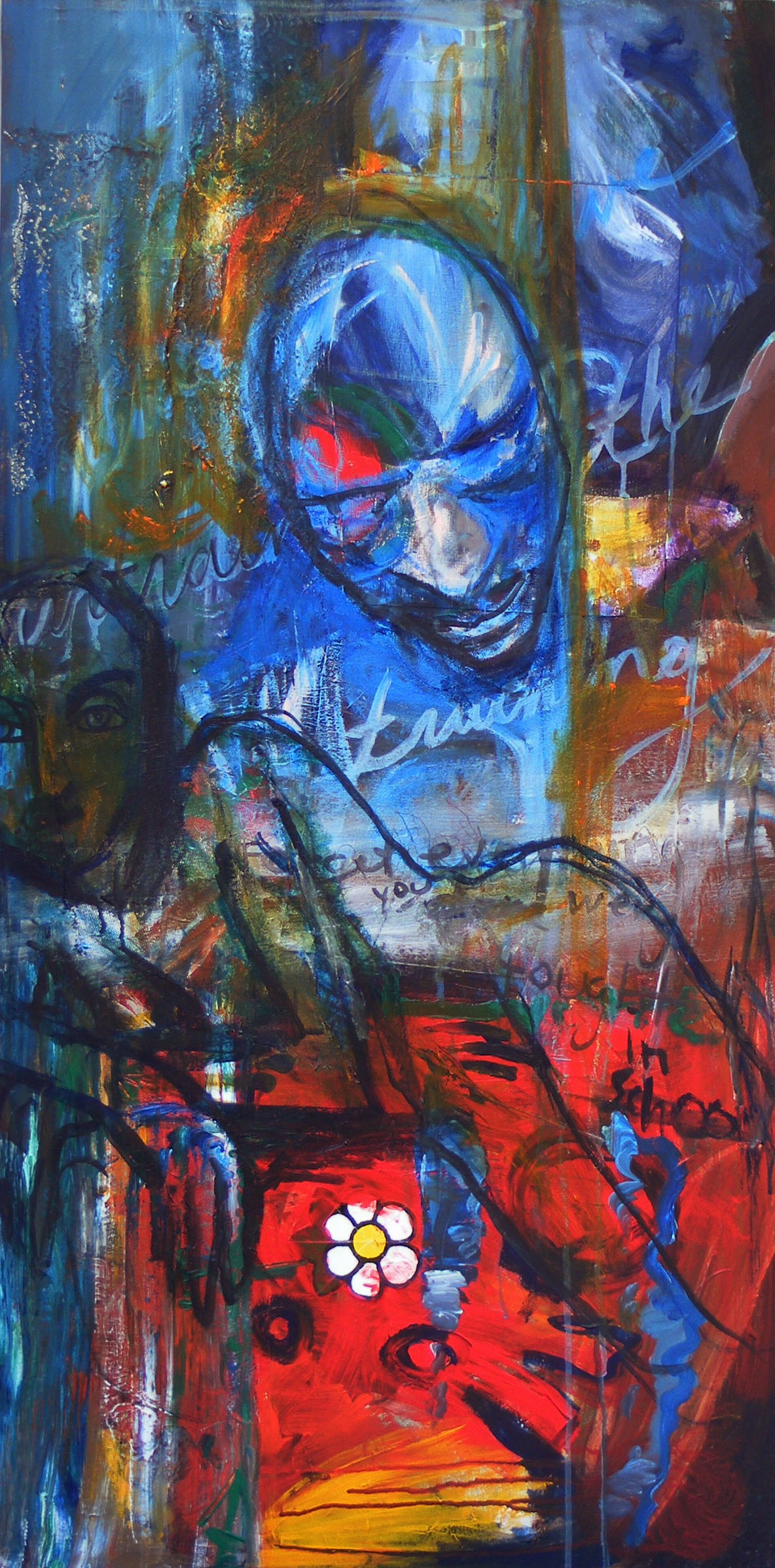 Abstract expressionist blue figure with vibrant colors and text elements