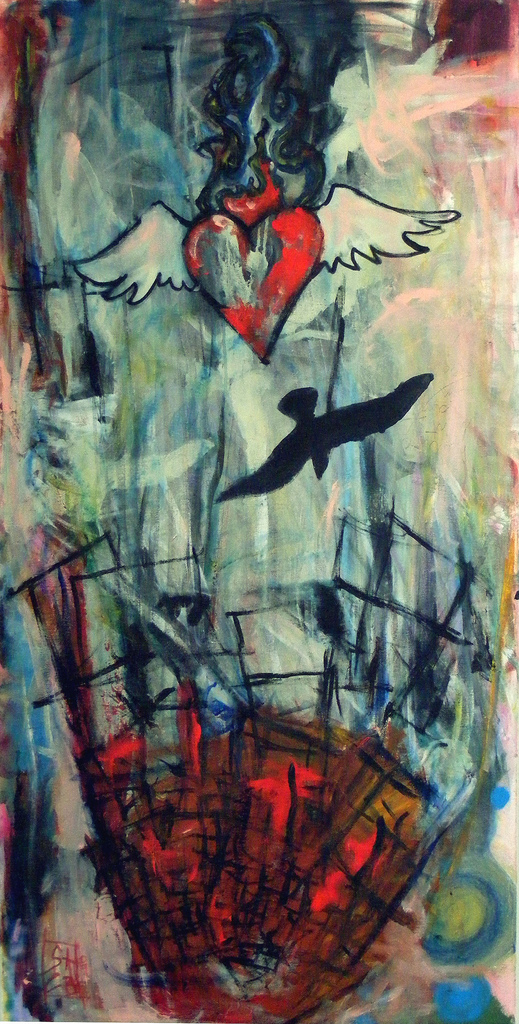 Winged heart with flame and bird